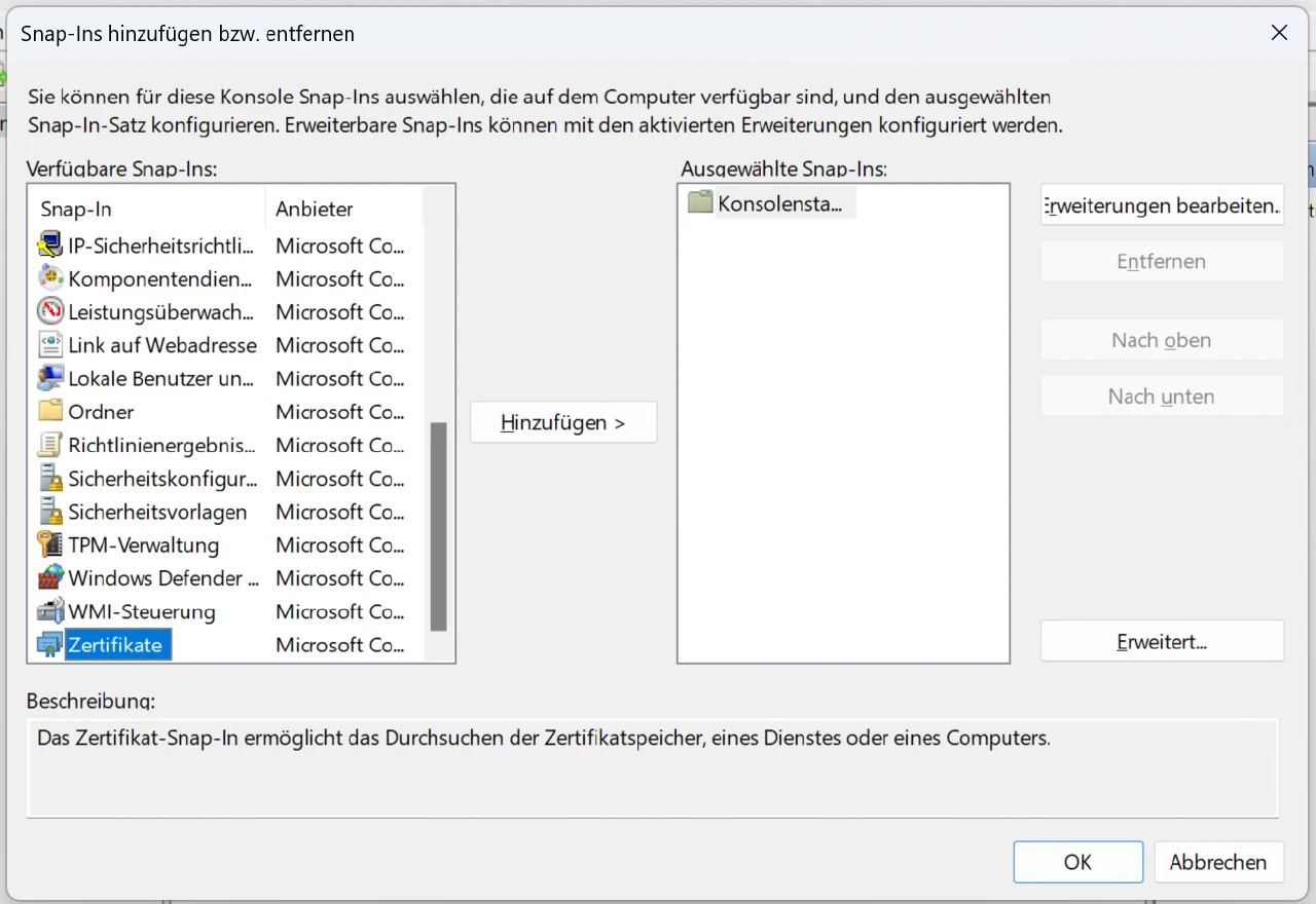 Add or remove SnapIns dialog