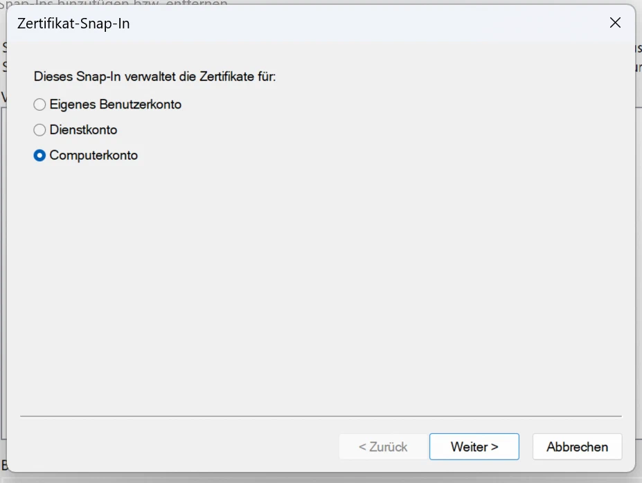 Add Certificates SnapIn 1st dialog