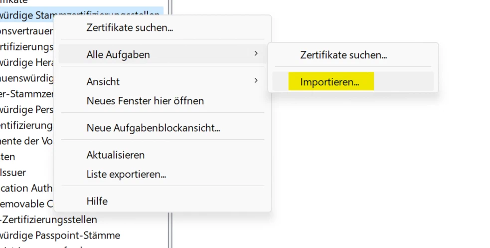 Trusted Root Certification Authorities right click dialog
